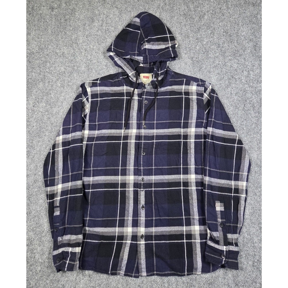 Levi's‎ Hooded Flannel Shirt Mens Medium Blue Black Plaid Long Sleeve Button